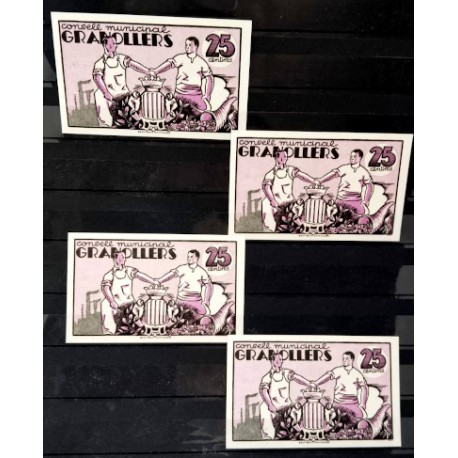 Granollers. 1937. Lote de 4 Billetes de 25 Céntimos (SC)
