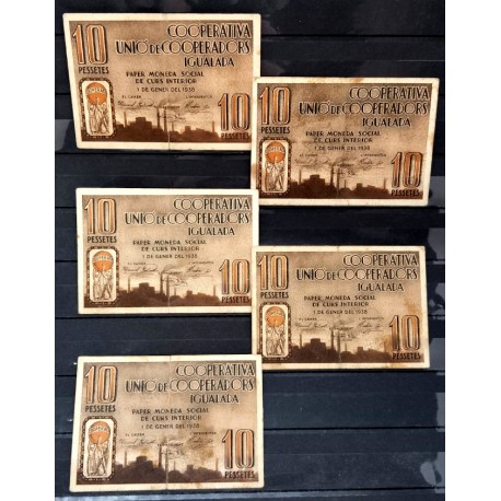 Cooperativa Unió de Cooperadors. Igualada. Lote de 5 Billetes de 10 Pesetas (MBC)