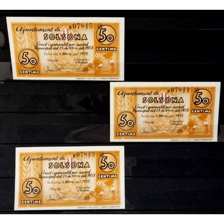 Solsona. 1937. Lote de 3 Billetes de 50 Céntimos (SC)