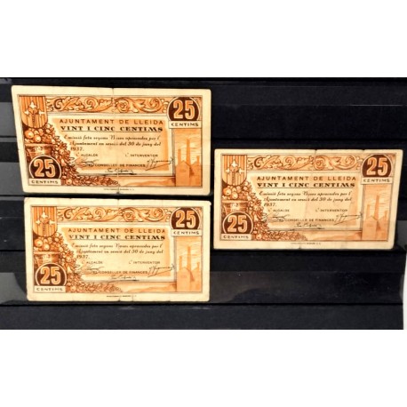 Lérida. 1937. Lote de 3 Billetes 25 Céntimos (BC/BC+)