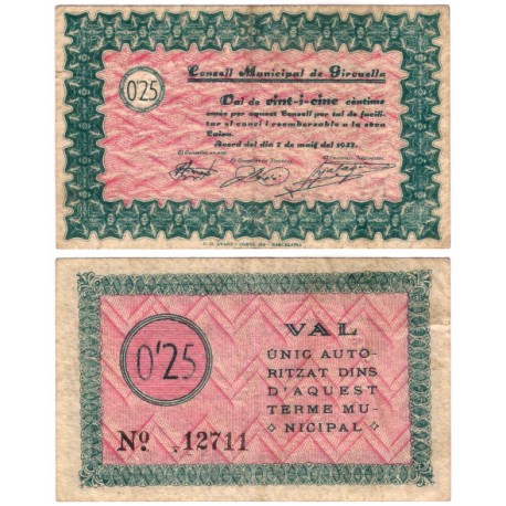 Gironella. 1937. 25 Céntimos (MBC) Leve rotura margen izquierdo