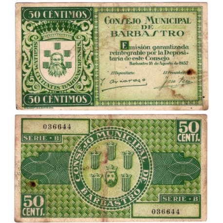 Barbastro. 1937. 50 Céntimos (MBC-) Manchas