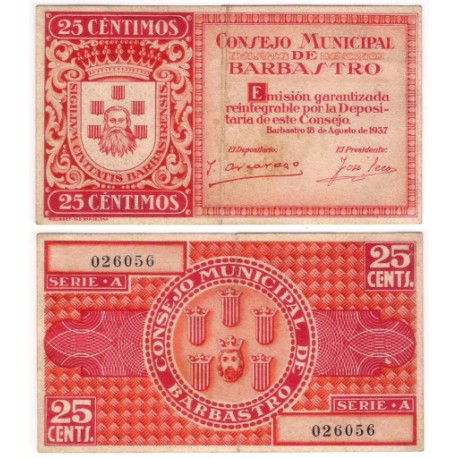 Barbastro. 1937. 25 Céntimos (MBC-) Manchas