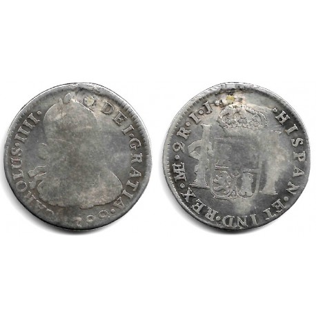 Carlos IV. 1799. 2 Reales (RC+/RC) (Plata) Ceca de Lima IJ. Agujereada y sellada