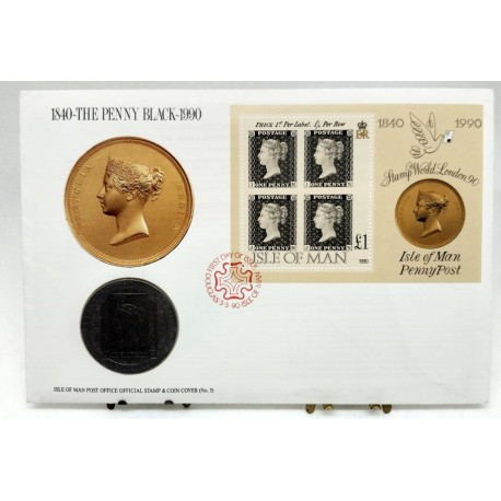 Isla de Man. 1990. Sobre Conmemorativo con Sello y Moneda (Nuevo)