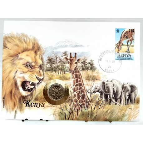 Kenia. 1991. Sobre Conmemorativo con Sello y Moneda (Nuevo)