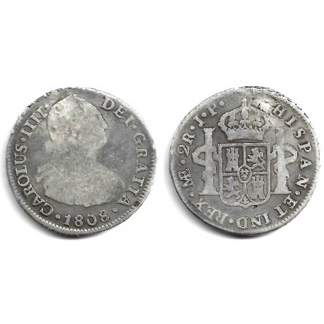 Carlos IV. 1808. 2 Reales (BC) (Plata) Ceca de Lima JP. Agujereada y Sellada