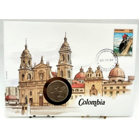 Colombia. 1985. Sobre Conmemorativo con Sello y Moneda (Nuevo)