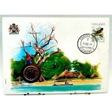 Malaui. 1991. Sobre Conmemorativo con Sello y Moneda (Nuevo)