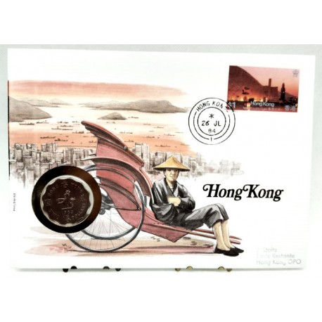 Hong Kong. 1984. Sobre Conmemorativo con Sello y Moneda (Nuevo)
