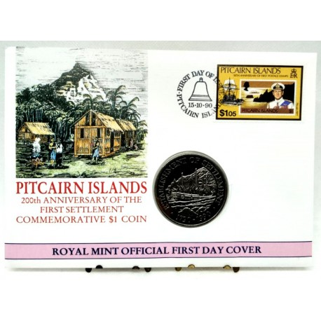 Islas Pitcairn. 1990. Sobre Conmemorativo con Sello y Moneda (Nuevo)