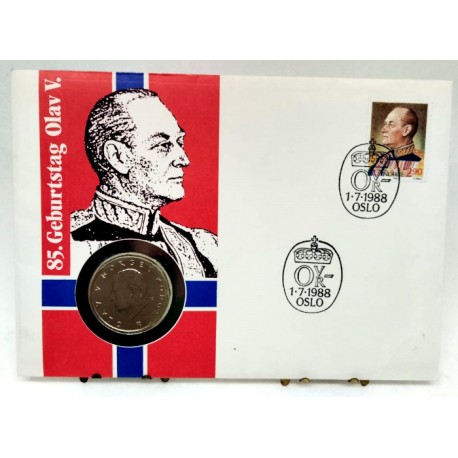 Noruega. 1988. Sobre Conmemorativo con Sello y Moneda (Nuevo)