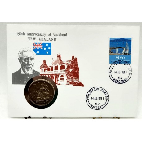 Nueva Zelanda. 1990. Sobre Conmemorativo con Sello y Moneda (Nuevo)