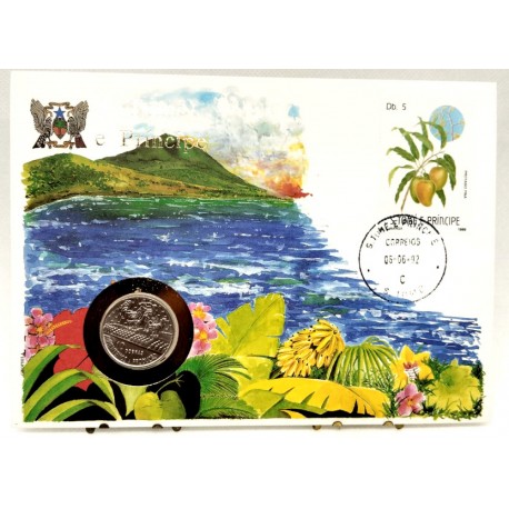 Santo Tomé y Príncipe. 1992. Sobre Conmemorativo con Sello y Moneda (Nuevo)