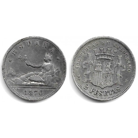 Gobierno Provisional. 1870*(18-73). 2 Peseta (MBC/MBC-) (Plata) Ceca de Madrid DE-M
