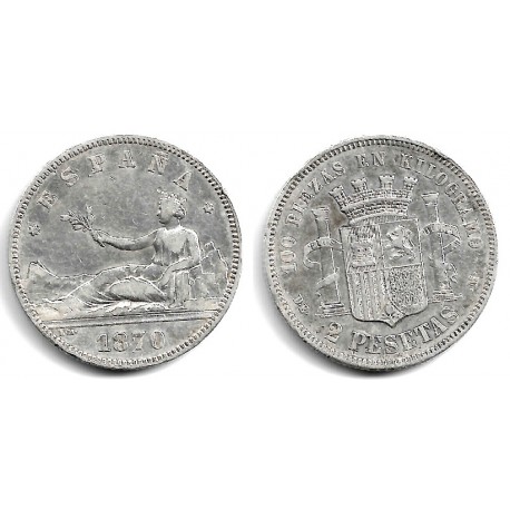 Gobierno Provisional. 1870*(18-74). 2 Pesetas (MBC+) (Plata) Ceca de Madrid DE-M
