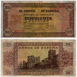 Estado Español. 1938. 50 Pesetas (BC/BC+) Serie E. Leves roturas en márgenes