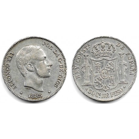 Alfonso XII. 1885. 50 Centavos de Peso (MBC/MBC+) (Plata) Ceca de Manila