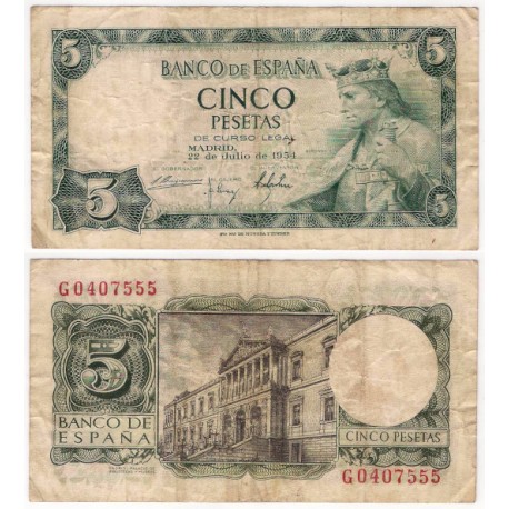 Estado Español. 1954. 5 Pesetas (BC/BC+) Serie G