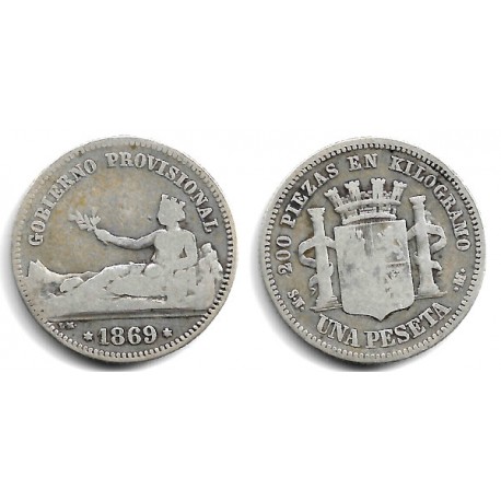 Gobierno Provisional. 1869. 1 Peseta (BC/BC-) (Plata) Ceca de Madrid SN-M