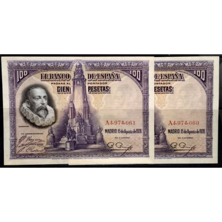 España. 1928. Lote de 2 Billetes de 100 Pesetas (SC-) Serie A