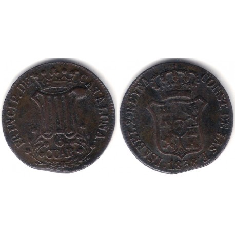 Isabel II. 1838. 6 Cuartos (MBC+) Ceca de Cataluña