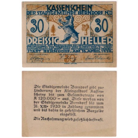 Berndorft (Baja Austria). 1920. 30 Heller (EBC+)