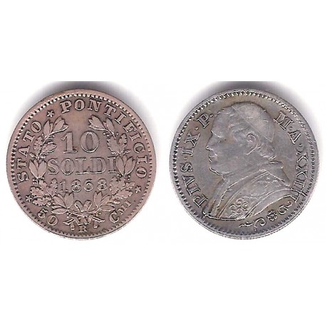 (1368.2) Ciudad del Vaticano. 1868. 10 Soldi (MBC+) (Plata) Hilo de Metal en segunda I de XXIII