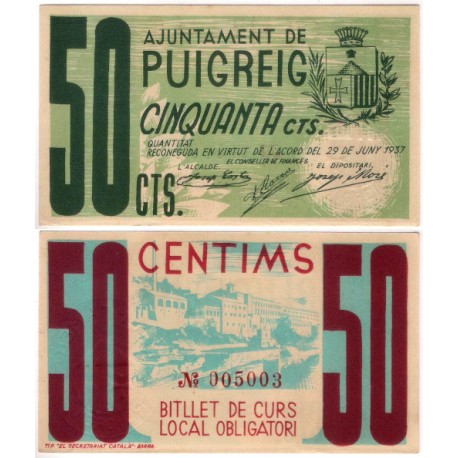 Puigreig. 1937. 50 Céntimos (SC)