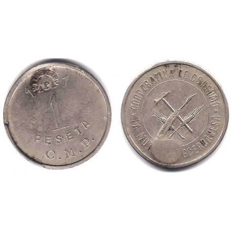 Cooperativa de Consumo. La Mutua Puigcerdanesa. 1 Peseta (MBC) Resello