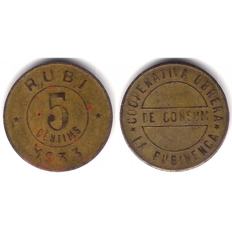 Cooperativa de Consumo. La Rubinenca. 1933. 5 Céntimos (BC)