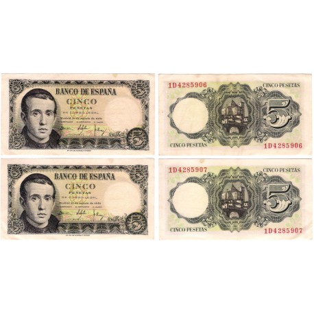 Estado Español. 1951. 5 Pesetas (MBC+) Serie 1D. Pareja Correlativa