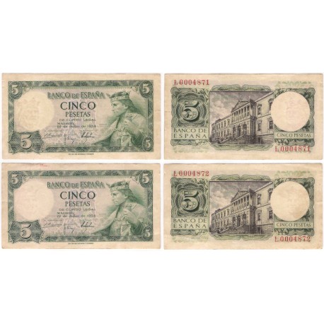 Estado Español. 1954. 5 Pesetas (MBC) Serie L. Pareja Correlativa