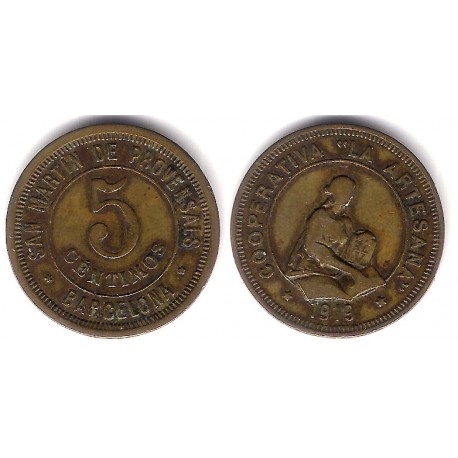 Cooperativa La Artesana. San Martin de Provensals. 1919. 5 Céntimos (BC+)