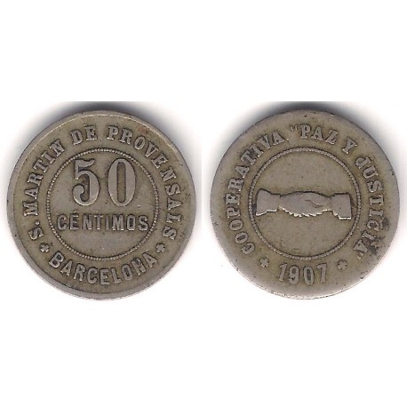Cooperativa Paz y Justicia. San Martín de Provensals. 1907. 50 Céntimos (MBC)