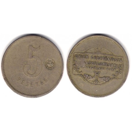 Unión Cooperatista Barcelonesa El Reloj y la Dignidad. 5 Pesetas (BC+/BC)