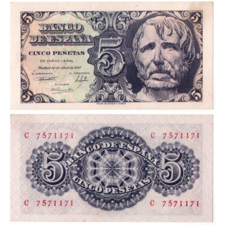 Estado Español. 1947. 5 Pesetas (SC) Serie C. Manchas