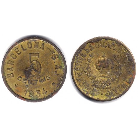 Cooperativa La Guardiola Familiar. Barcelona. 1934. 5 Céntimos (BC)