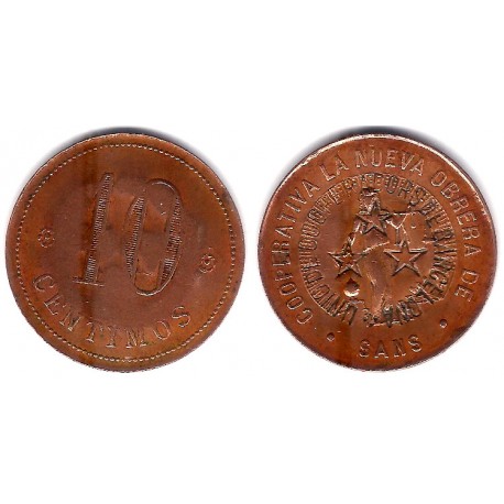 Cooperativa La Nueva Actividad Obrera de Sans. 10 Céntimos (MBC) Contramarca. Unió de Cooperadors de Barcelona