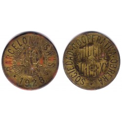 Sdad Coop. Obrera Modelo Siglo XX. Bcn (Sans). 1928. 10 Céntimos (BC) Contramarca. Unió de Coop. de Barcelona
