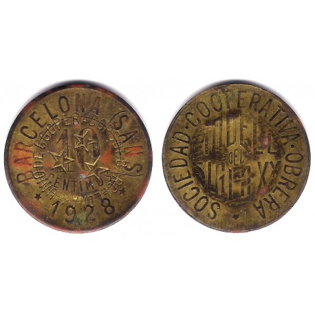 Sdad Coop. Obrera Modelo Siglo XX. Bcn (Sans). 1928. 10 Céntimos (BC) Contramarca. Unió de Coop. de Barcelona