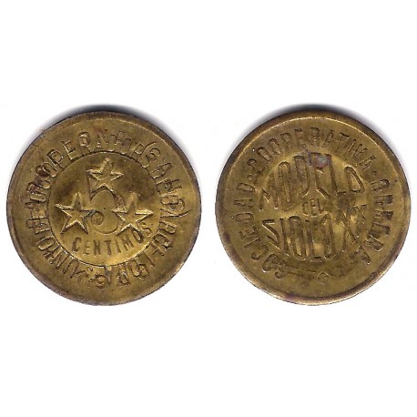 Sdad Coop. Obrera Modelo Siglo XX. Bcn (Sans). 1928. 5 Céntimos (BC) Contramarca. Unió de Coop. de Barcelona