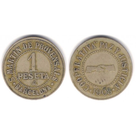 Cooperativa Paz y Justicia. San Martín de Provensals. 1908. 1 Peseta (MBC)