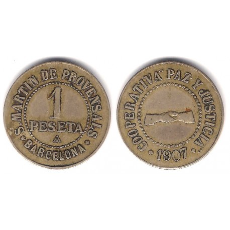 Cooperativa Paz y Justicia. San Martín de Provensals. 1907. 1 Peseta (MBC)