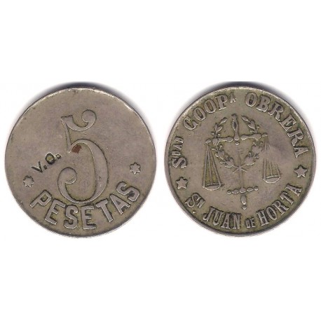 Sociedad Cooperativa Obrera. San Juan de Horta. 5 Pesetas (MBC)