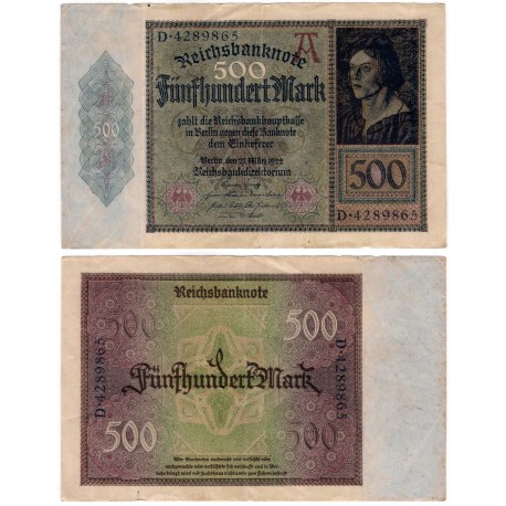 (73) Imperio Alemán (Weimar). 1922. 500 Mark (MBC)