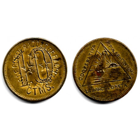 Cooperativa Popular de Consumo La Barceloneta. 10 Céntimos (MBC) Contramarca. Unió de Cooperadors de Barcelona