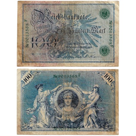 (34) Imperio Alemán. 1908. 100 Mark (BC/BC+) Leve rotura margen superior