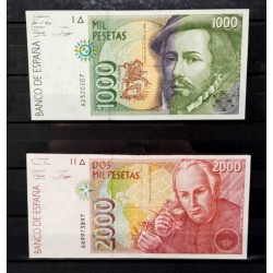 España. 1992. Lote de 2 Billetes, 1000 y 2000 Pesetas (MBC/MBC+)