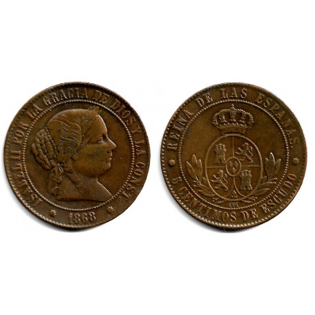 Isabel II. 1868. 5 Céntimos de Escudo (MBC) Ceca de Barcelona OM